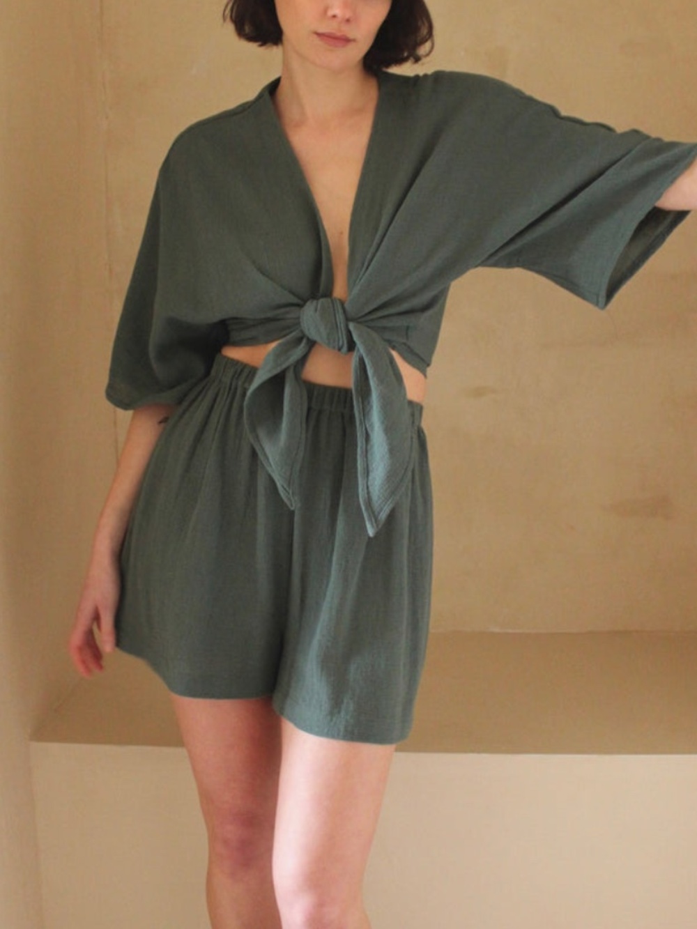 Na Nin Waffled Cotton Tie Top and Shorts Set in Small, Forest Green